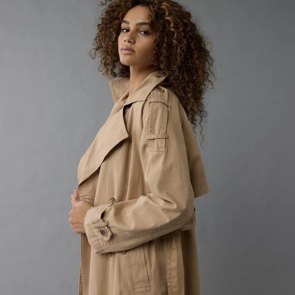 American Eagle Twill Long Trench Coat Women’s Large Belted Beige Jacket Preppy - Picture 3 of 16